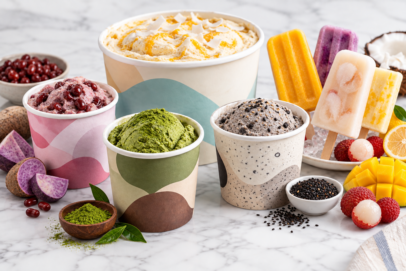 Product reference photo with Asian-inspired ice cream pints, a tub, and popsicles